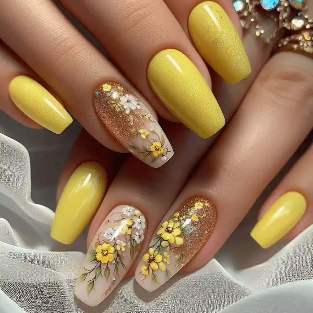 Butter Yellow Summer Nails 2025 with flowers