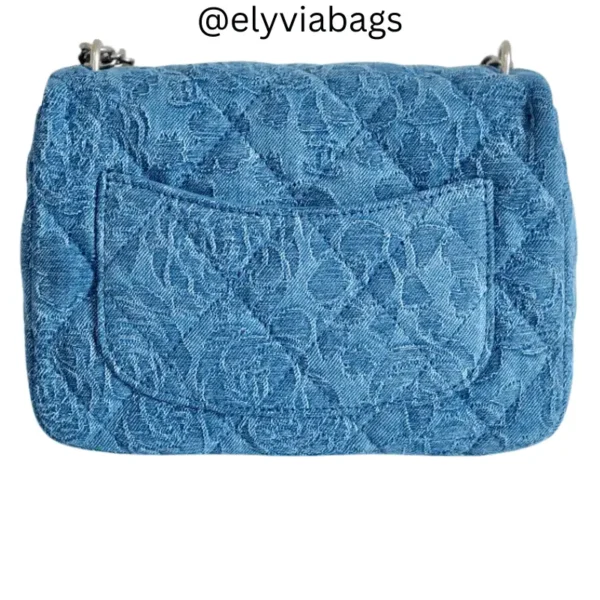 Chanel Blue Denim Camellia Mini Flap Bag back view