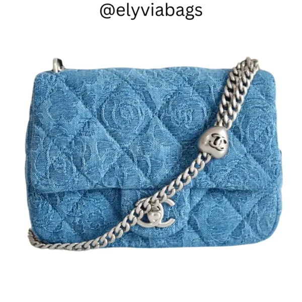Chanel Blue Denim Camellia Mini Flap Bag front view
