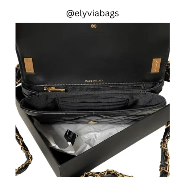 Chanel mini flap black bag inside view