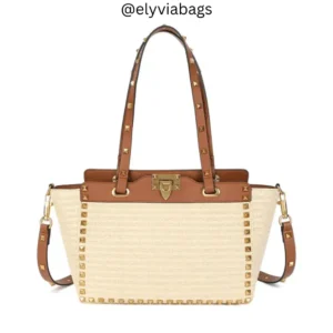 Rockstud Small Raffia Tote Beige
