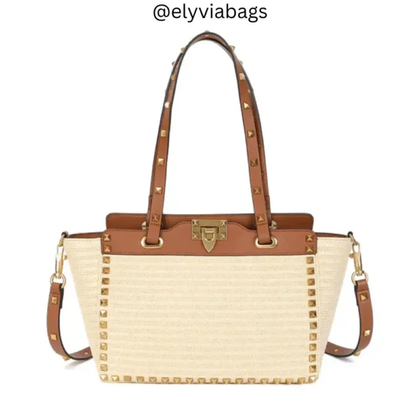 Rockstud Small Raffia Tote Beige