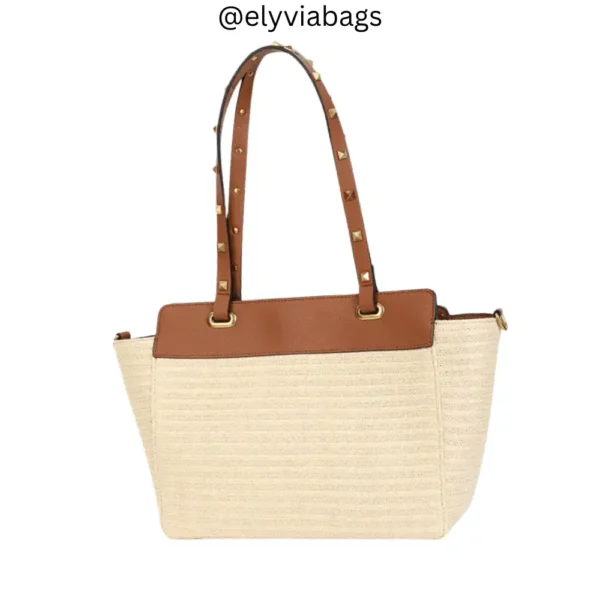 Rockstud Small Raffia Tote Beige back view