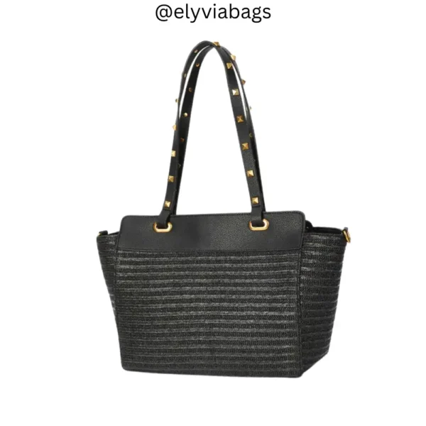 Rockstud Small Raffia Tote Black