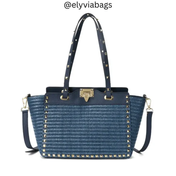 Rockstud Small Raffia Tote Navy