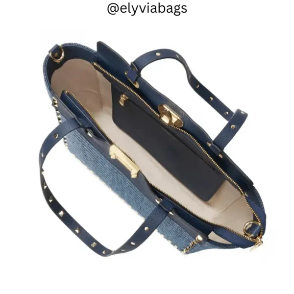 Rockstud Small Raffia Tote Navy open view