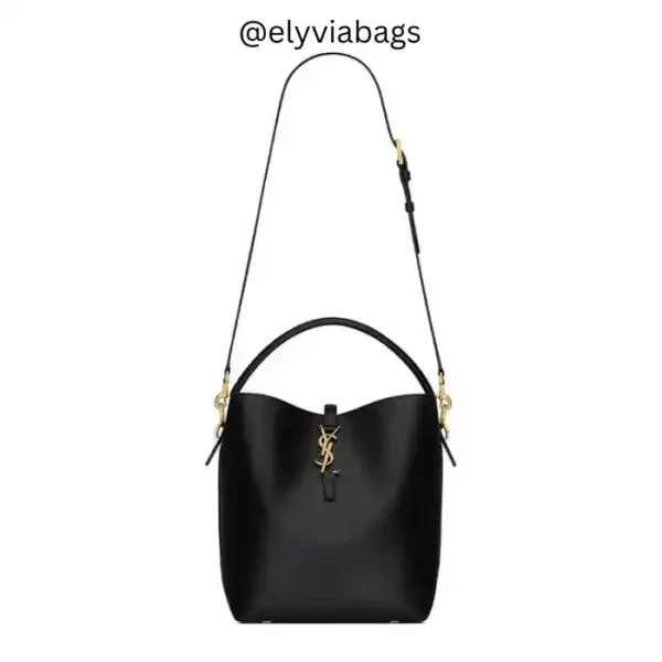 YSL-Inspired Le 37 Shiny Leather Bucket Black Bag Front view