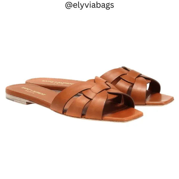 YSL Tribute Nu Pieds Flats golden brown top view