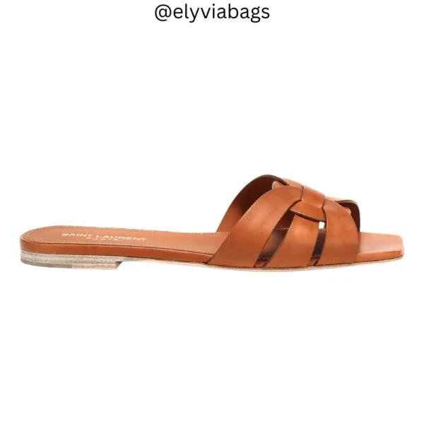YSL Tribute Nu Pieds Flats golden brown side view