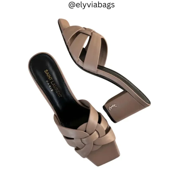 YSL Tribute Woven Mule Block Heels Nude