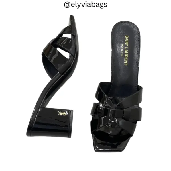 YSL Tribute Woven Mule Block Heels Shiny Black