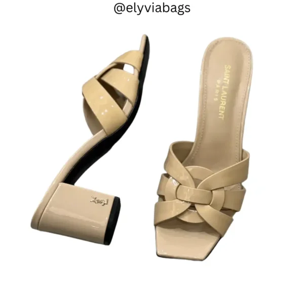 YSL Tribute Woven Mule Block Heels Shiny Nude