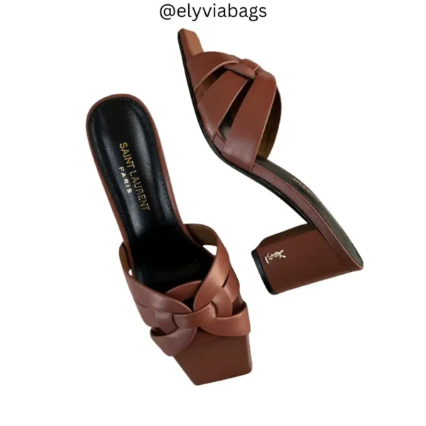 YSL Tribute Woven Mule Block Heels Tan