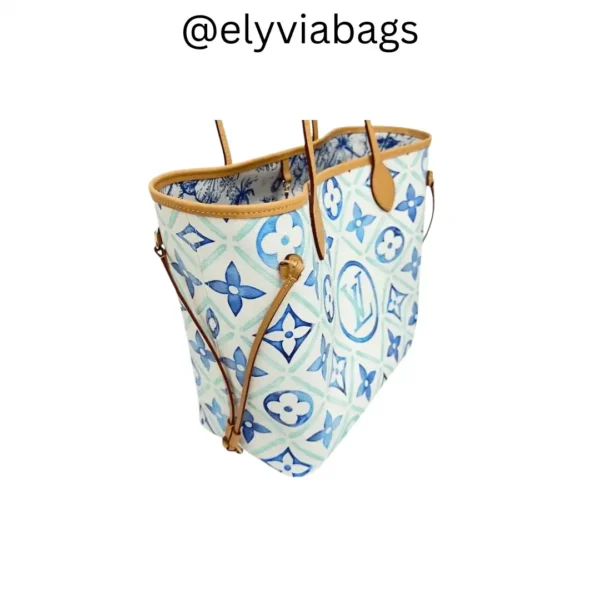 LV Neverfull mm bag Blue monogram by the pool blue side view