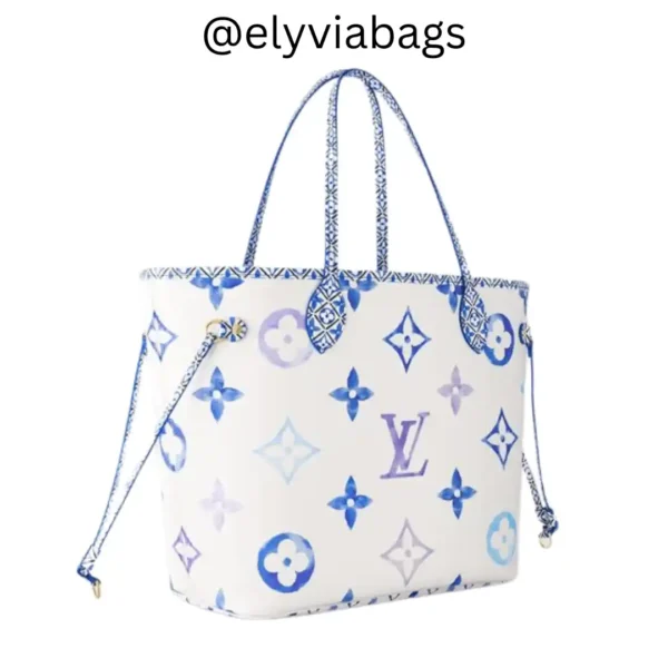 LV Neverfull mm bag by the pool Blue side view