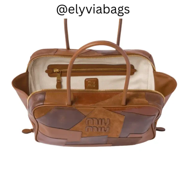 Miu-Miu Beau Patch Leather Bag Golden Brown open View